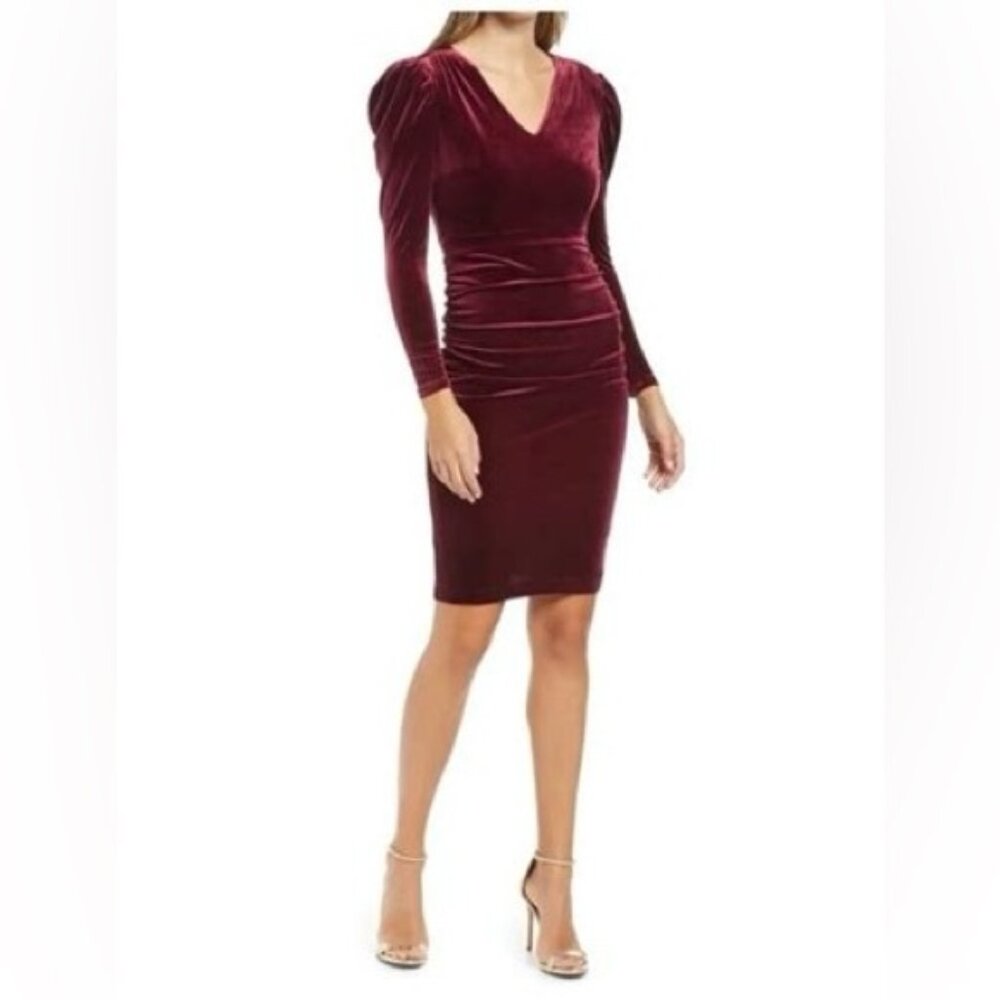 Rachel Parcell‎ Burgundy Maroon Velvet Long Puff Sleeve Mini Dress XXS